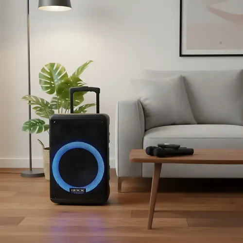 Портативная акустическая колонка ZXX-7676 60Вт 12 с Bluetooth, караоке и 2 радиомикрофонами, автономная колонка-чемодан - фото 7