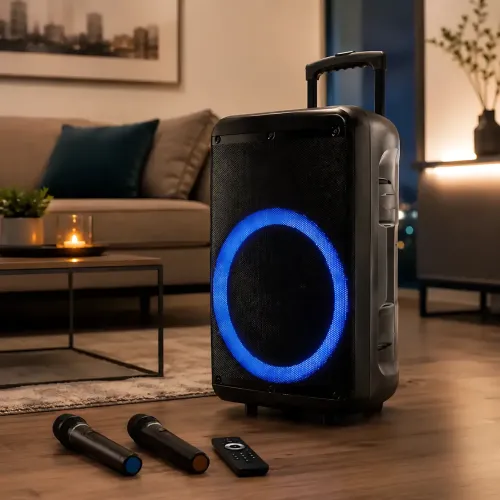 Портативная акустическая колонка ZXX-7676 60Вт 12 с Bluetooth, караоке и 2 радиомикрофонами, автономная колонка-чемодан - фото 8