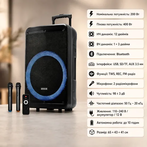 Портативная акустическая колонка ZXX-7676 60Вт 12 с Bluetooth, караоке и 2 радиомикрофонами, автономная колонка-чемодан - фото 2