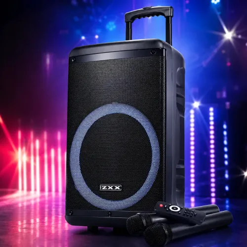 Портативная акустическая колонка ZXX-7676 60Вт 12 с Bluetooth, караоке и 2 радиомикрофонами, автономная колонка-чемодан