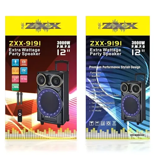 Портативная акустическая колонка ZXX-9191 60Вт 12 с Bluetooth, караоке и 2 радиомикрофонами, автономная колонка-чемодан - фото 10