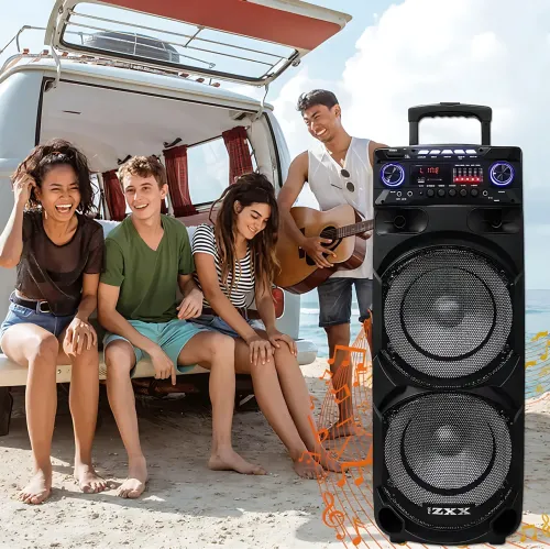 Портативная акустическая колонка ZXX-9292 60Вт 2х10 с Bluetooth, караоке, LED-подсветкой и 2 радиомикрофонами, колонка-чемодан - фото 9