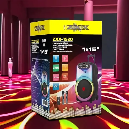 Портативная акустическая колонка ZXX-1520 120Вт 15 с Bluetooth, караоке, LED-подсветкой и 2 радиомикрофонами, колонка-чемодан - фото 8