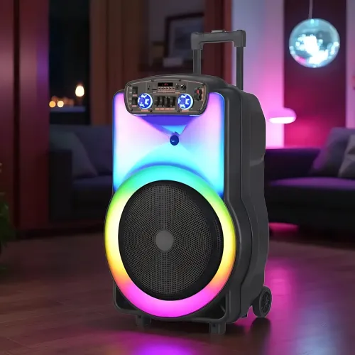 Портативная акустическая колонка ZXX-1520 120Вт 15 с Bluetooth, караоке, LED-подсветкой и 2 радиомикрофонами, колонка-чемодан - фото 7