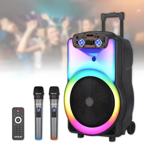 Портативная акустическая колонка ZXX-1520 120Вт 15 с Bluetooth, караоке, LED-подсветкой и 2 радиомикрофонами, колонка-чемодан - фото 9
