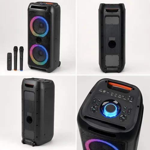 Акустическая колонка ZXX-5590 100 Вт, портативная караоке система с двумя микрофонами, Bluetooth, TWS, FM, подсветкой, на колесах - фото 7