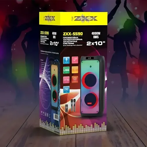 Акустическая колонка ZXX-5590 100 Вт, портативная караоке система с двумя микрофонами, Bluetooth, TWS, FM, подсветкой, на колесах - фото 9