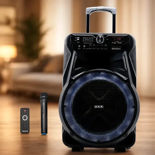 Акустическая колонка ZXX-7272 600 Вт, портативная караоке система 15, Bluetooth, TWS, FM, LED, микрофон, эквалайзер, на колесиках - фото 10