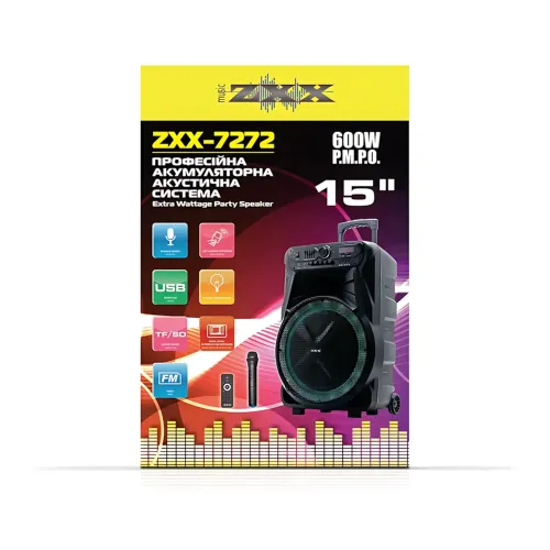 Акустическая колонка ZXX-7272 600 Вт, портативная караоке система 15, Bluetooth, TWS, FM, LED, микрофон, эквалайзер, на колесиках - фото 9