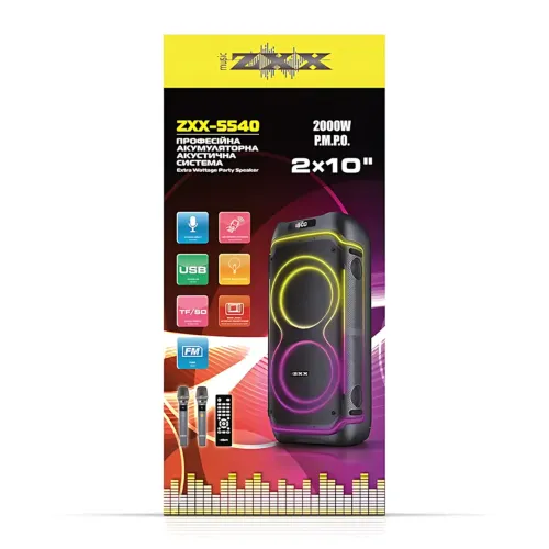 Портативная акустическая колонка ZXX-5540 100Вт, 2x10, Bluetooth, TWS, Караоке, 2 радиомикрофона, FM, LED-подсветка, аккумулятор - фото 9