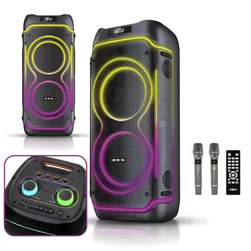 Портативная акустическая колонка ZXX-5540 100Вт, 2x10, Bluetooth, TWS, Караоке, 2 радиомикрофона, FM, LED-подсветка, аккумулятор