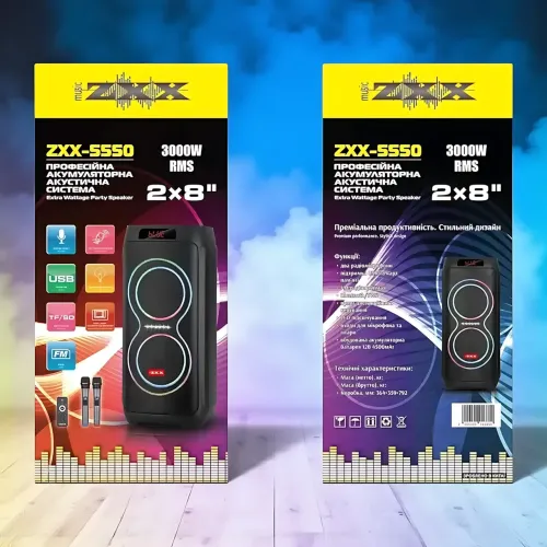 Портативна акустична колонка ZXX-5550 80 Вт, 2x8, Bluetooth, TWS, Караоке, 2 радіомікрофони, FM, LED-підсвітка, 4500 мач - фото 9