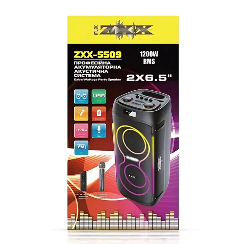 Портативна акустична колонка ZXX-5509 1200 Вт, 2x6.5, Bluetooth, TWS, Караоке, Радіомікрофон, FM, LED-підсвітка, 4500 mAh - фото 9